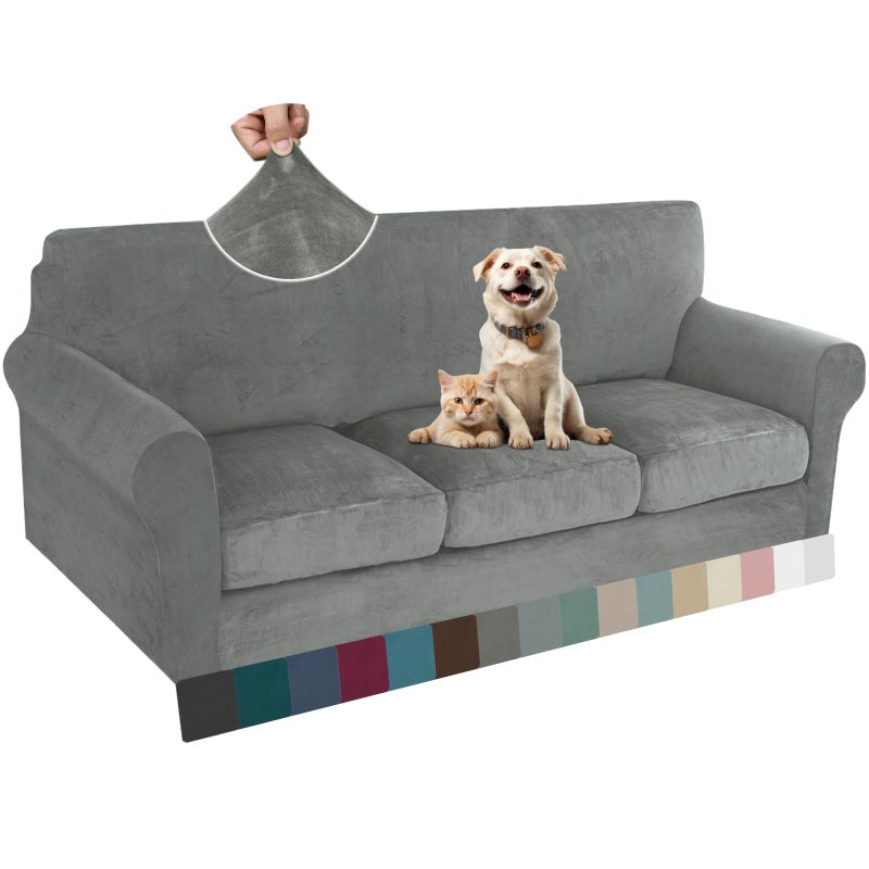 ZNSAYOTX Luxury Velvet Couch Cover 4 Piece (72"-92") Stretch Sofa Covers for 3 Cushion Couch Thick Soft Sofa Slipcover with Non Slip Strap, Dog Pet Friendly Nice Furniture Protector (Grey) - Image 1